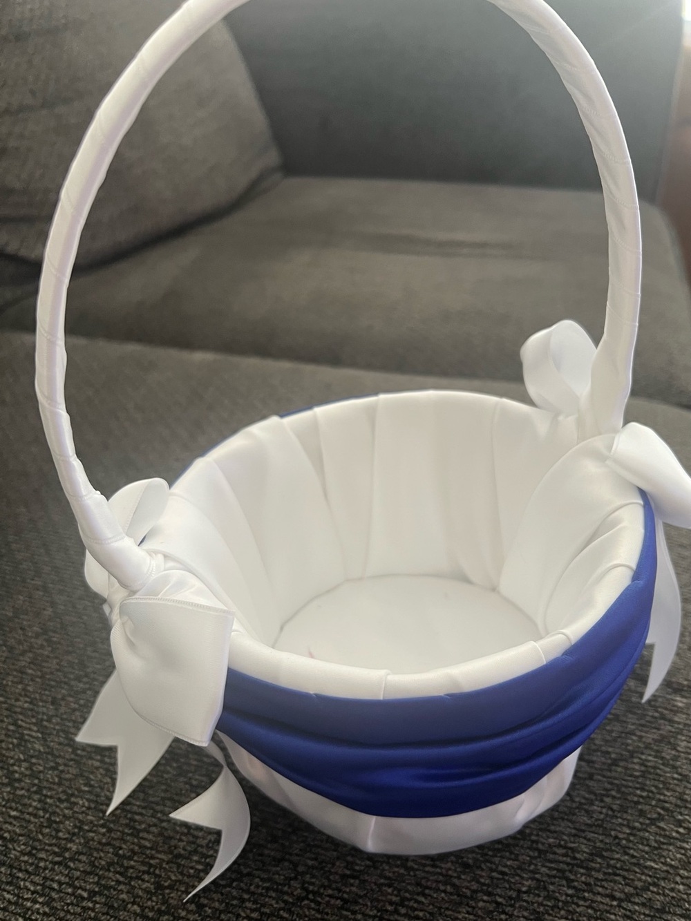 White and Royal Blue Satin Flower Girl Basket